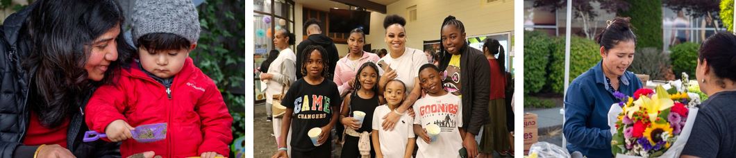 Three photos: A parent watching their child hold a plastic shovel, a group of kids and adults pose for a photo, and two people looking at a flower bouquet