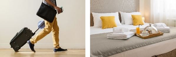 Two photos: A traveler carrying a bag and dragging a suitcase, a hotel bed with folded towels and a room service tray